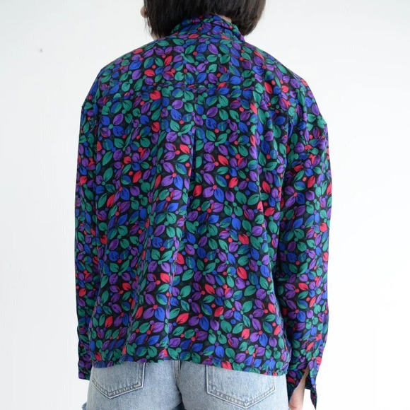 Vintage Black Green Blue Red Floral Button Up Long Sleeve Blouse - Picture 4 of 15